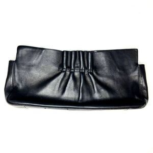 Vintage DKNY‎ Black Leather Statement Baguette Clutch Ruffle Detail 90's Y2K